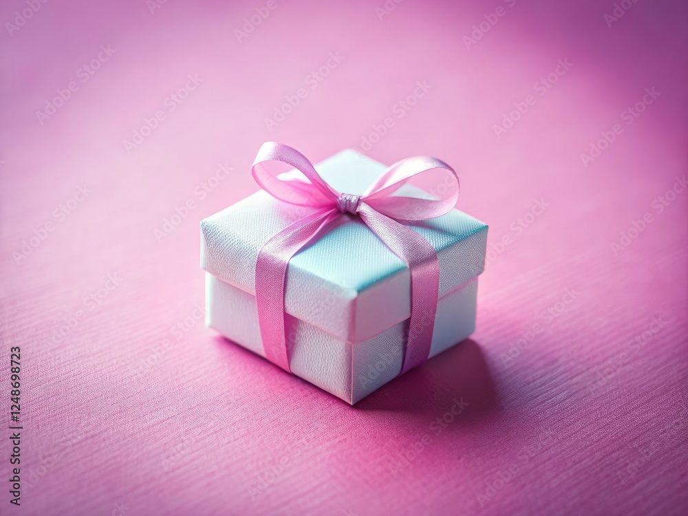 Fototapeta premium Adorable tilt-shift miniature gift box, DIY, pastel pink backdrop, white-wrapped, perfect miniature photography gift idea.