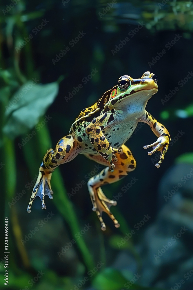 Fototapeta premium A frog in the pond, water, and on a leaf, surrounded by nature, with brown and white colors, and detailed macro shot of the amphibian's eyes