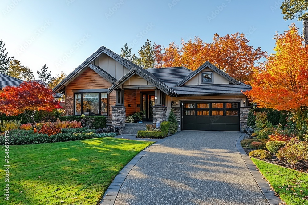 Beautiful autumn home with colorful foliage, well-maintained garden, and a welcoming driveway in a serene neighborhood Beautiful autumn home with colorful foliage, well-maintained garden, and a welcoming driveway in a serene neighborhood