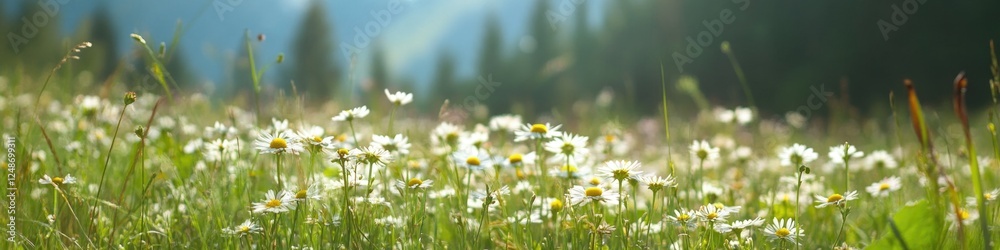 A picturesque scene with a vast field of white flowers and towering trees in the background, perfect for use in editorial or commercial contexts such as advertising, packaging, or publishing A picturesque scene with a vast field of white flowers and towering trees in the background, perfect for use in editorial or commercial contexts such as advertising, packaging, or publishing