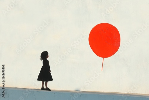 a young girl in a black dress looks at a red balloon painted on a white wall