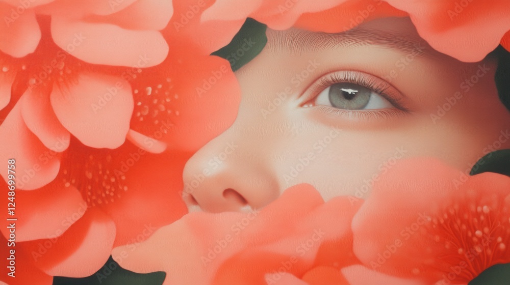 a close-up of a person's face surrounded by coral flowers a close-up of a person's face surrounded by coral flowers