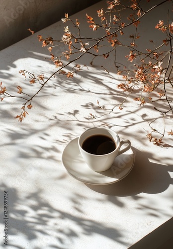 Warm cup of coffee on a white table with delicate branch shadows in soft afte...