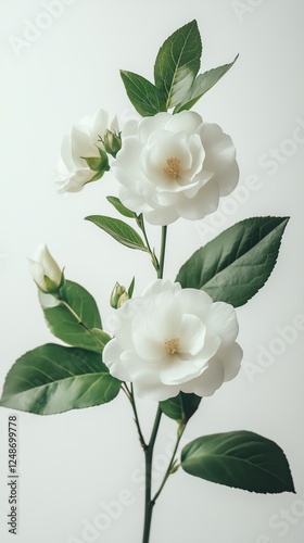 White flowers with green leaves against a light background in a simple botani...