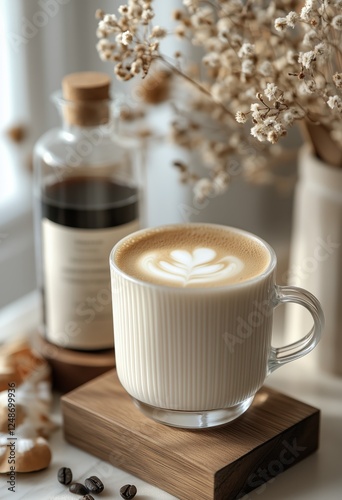 Coffee cup with latte art and decor in a cozy setting during morning light