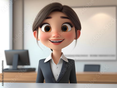 Portrait of a smiling businesswoman in office, cartoon 3d render, 300dpi