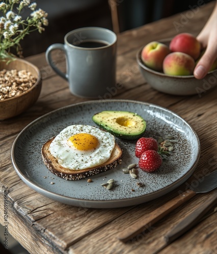Healthy breakfast with fried egg, avocado, strawberries, and coffee on a rust...