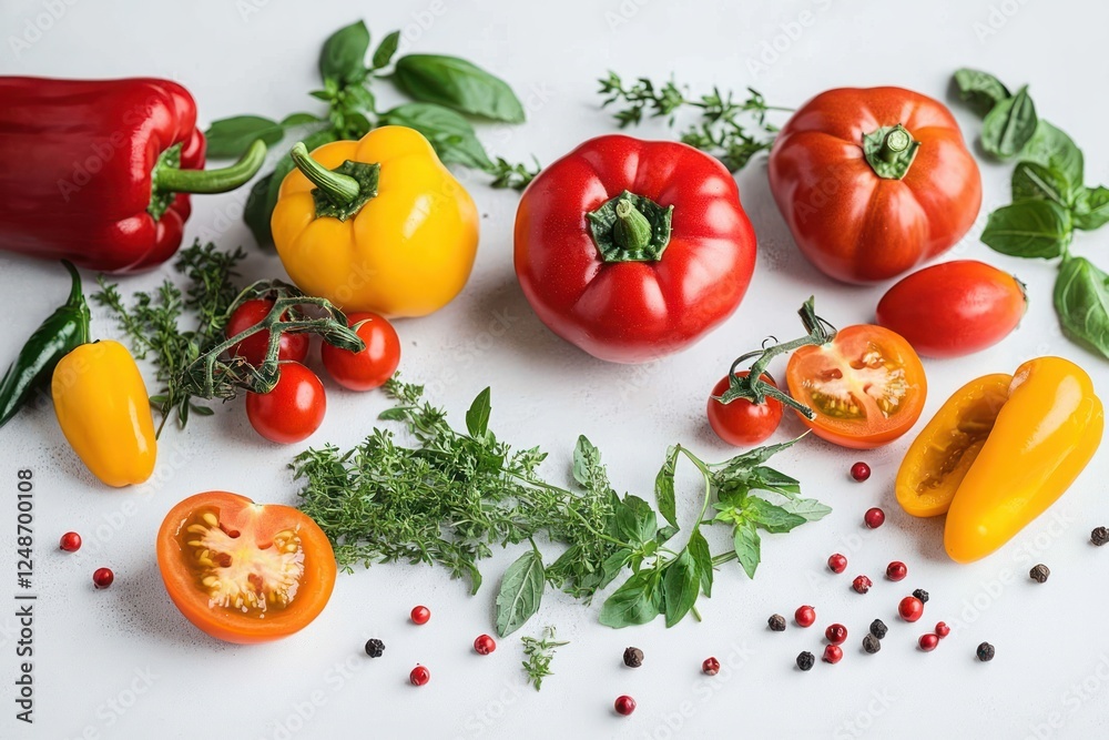 Vibrant Still Life of Colorful Peppers Tomatoes and Herbs on White Background Fresh Healthy Ingredients Vibrant Still Life of Colorful Peppers Tomatoes and Herbs on White Background Fresh Healthy Ingredients