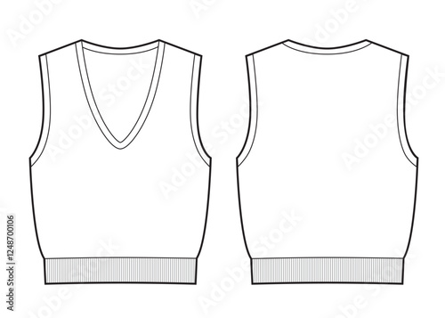 Knitted v-neck vest fashion template sketch.