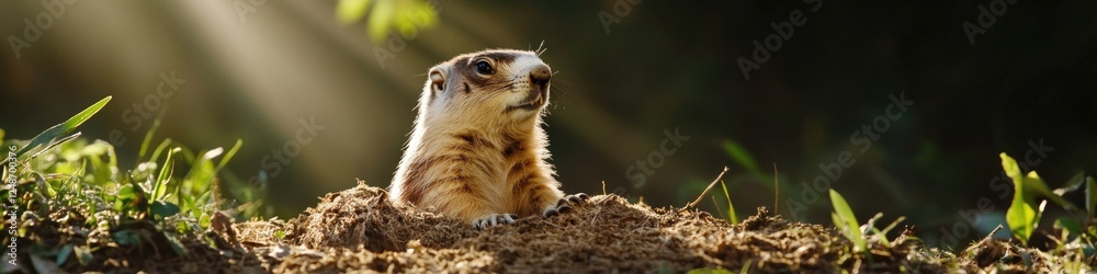 Fototapeta premium A close-up shot of a ground squirrel standing on top of a pile of dirt, possibly collecting materials for its burrow