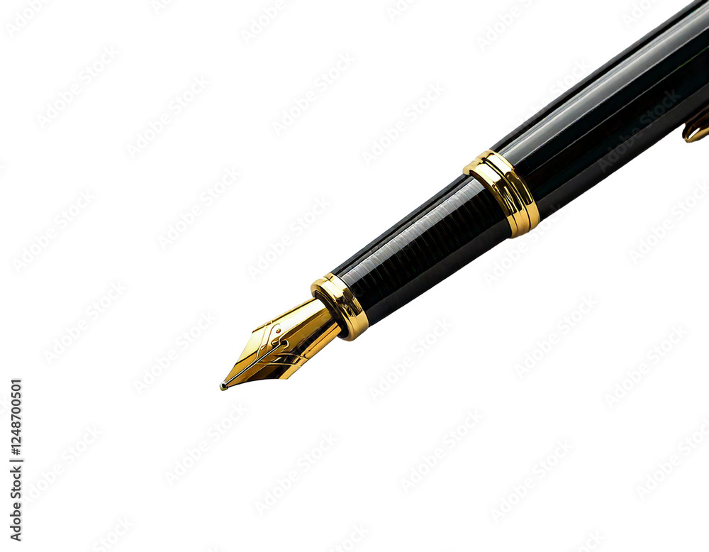 Ink pen, black smooth writing tool, elegant classic design, fine nib, glossy body, metallic clip, precise lines, creative expression, stationery accessory, PNG transparent background, isolated, high-r Ink pen, black smooth writing tool, elegant classic design, fine nib, glossy body, metallic clip, precise lines, creative expression, stationery accessory, PNG transparent background, isolated, high-r