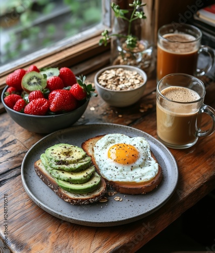 Healthy breakfast spread featuring avocado toast, eggs, fruit, and coffee by ...