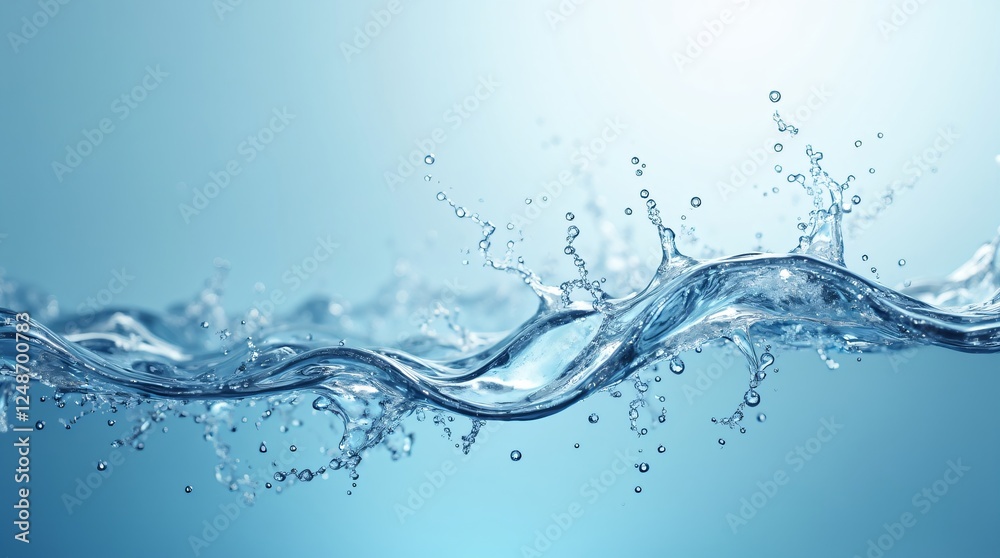Clear blue water splash with dynamic wave and droplets on light aqua background. Fresh liquid motion for World Water Day, Ocean Day, Earth Day, Environment Day and World Health Day Clear blue water splash with dynamic wave and droplets on light aqua background. Fresh liquid motion for World Water Day, Ocean Day, Earth Day, Environment Day and World Health Day