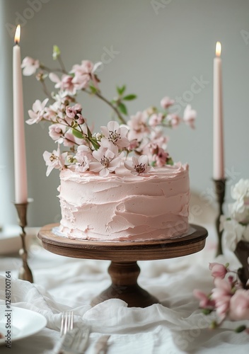 Elegant pink cake adorned with cherry blossoms on a wooden stand in a softly ...