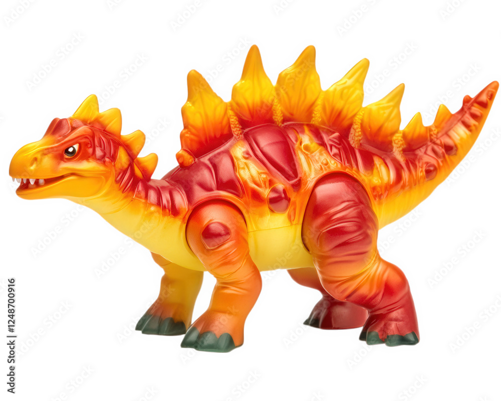 Fototapeta premium colorful dinosaur toy with vibrant orange and yellow spikes, perfect for imaginative play. This playful figure captures essence of prehistoric creatures, making it delightful addition to any toy