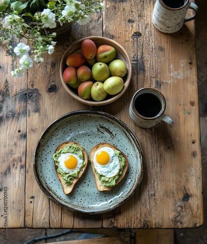 Delicious avocado toast with eggs and fresh fruit on a rustic wooden table in...