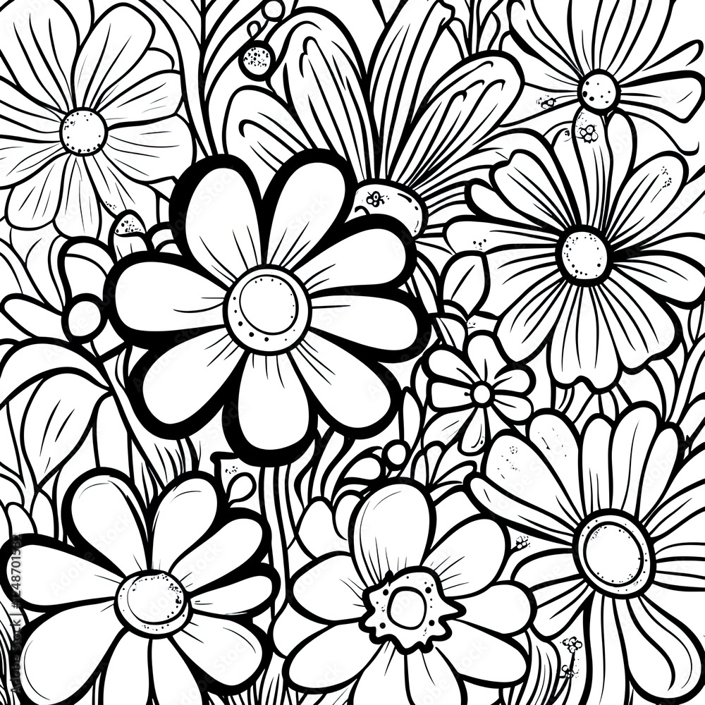Fototapeta premium Whimsical Flowers Coloring Book Page Simple Floral Designs for Creative Relaxation