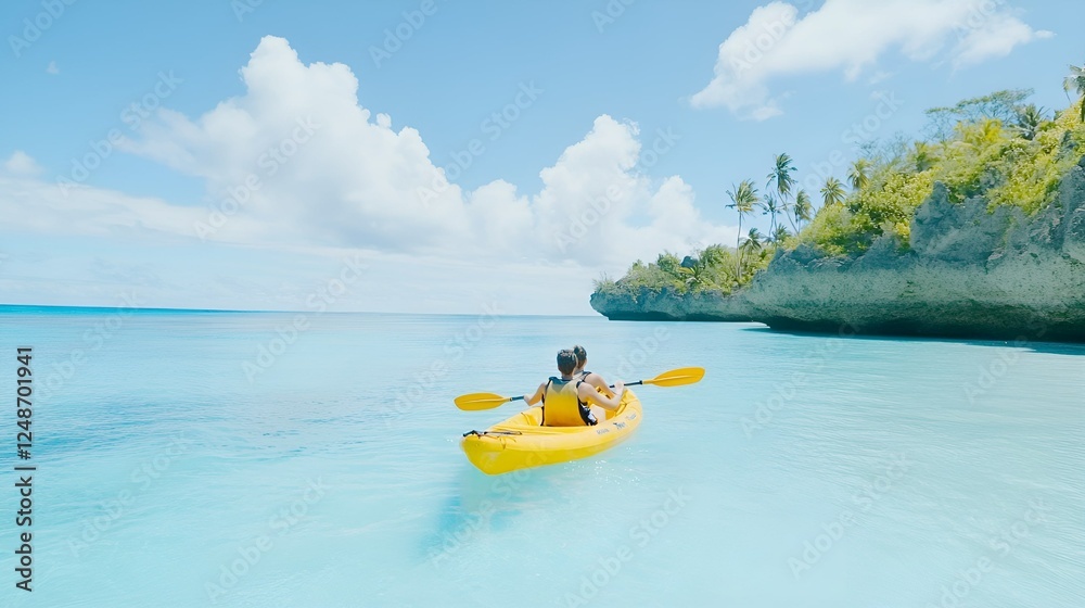 A couple kayaking in a bright yellow kayak on crystal-clear turquoise water near a tropical island with lush greenery and limestone cliffs under a sunny blue sky A couple kayaking in a bright yellow kayak on crystal-clear turquoise water near a tropical island with lush greenery and limestone cliffs under a sunny blue sky