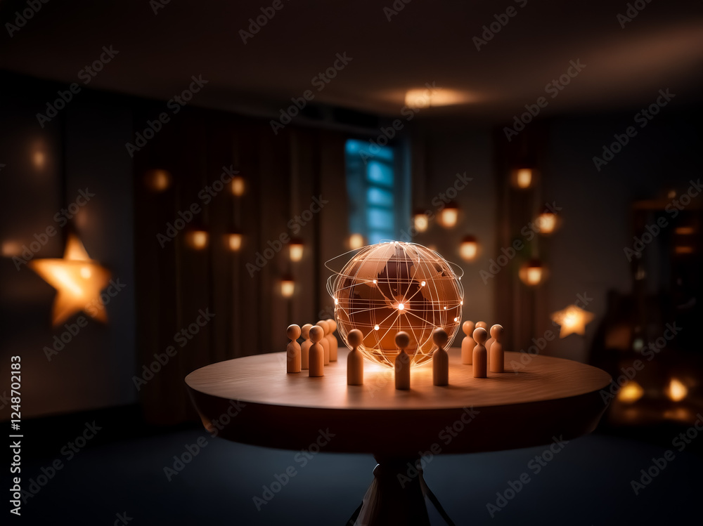 © YiuCheung - A group of wooden figures encircles a glowing globe resting on a round table. Warm, blurred lights softly illuminate the room's backdrop, suggesting connections.
