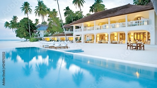 Luxurious beachfront resort with an infinity pool, elegant white architecture, and tropical palm trees, offering a serene and exclusive vacation experience by the ocean