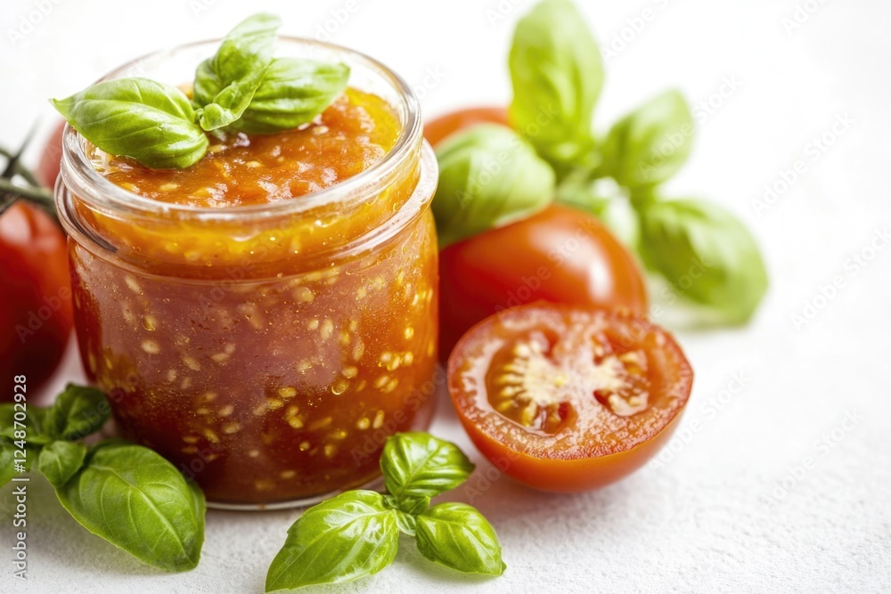 A jar of homemade tomato and basil sauce sits next to fresh tomatoes, perfect for cooking or as a garnish A jar of homemade tomato and basil sauce sits next to fresh tomatoes, perfect for cooking or as a garnish