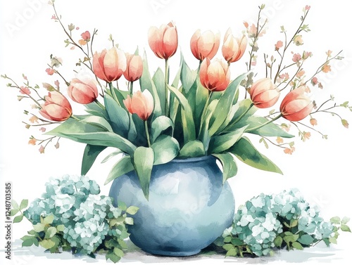 Delicate  flowers in  vase, painted in soft watercolor style, white bakground photo