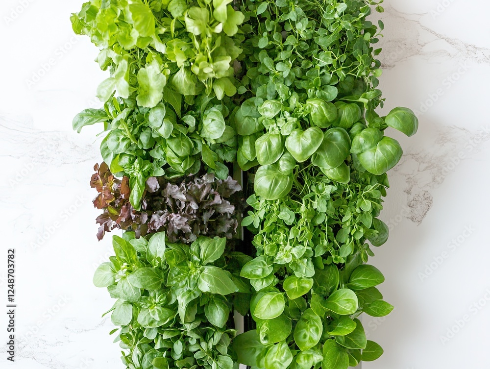 Obraz premium Vertical Herb Garden on Marble Background: Fresh Greens and Basil