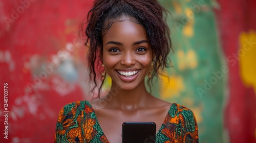 Hermosa mujer, sonriente, con teléfono en mano pillada por la cámara fotográfica. photo