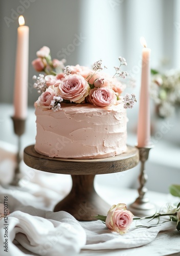 Beautiful pink cake decorated with roses and candles for a special occasion