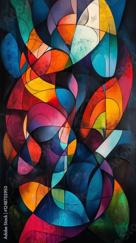 Vibrant abstract artwork featuring colorful geometric patterns in bold shapes