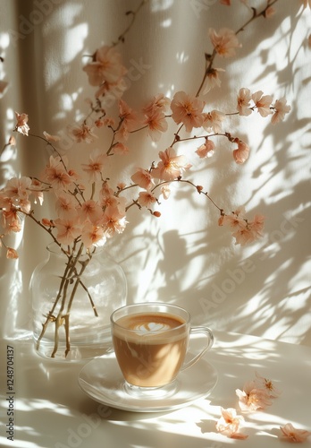 Delicate blossoms and a warm beverage create a cozy atmosphere in a sunlit co...
