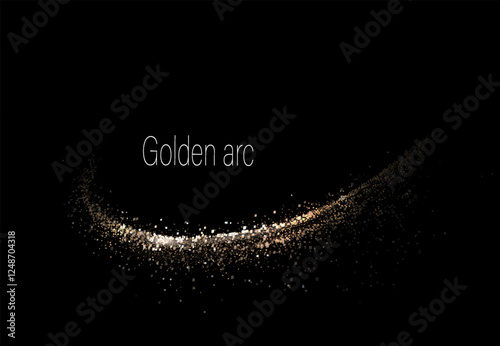 Design element, golden arc of thin shiny tinsel on black background.