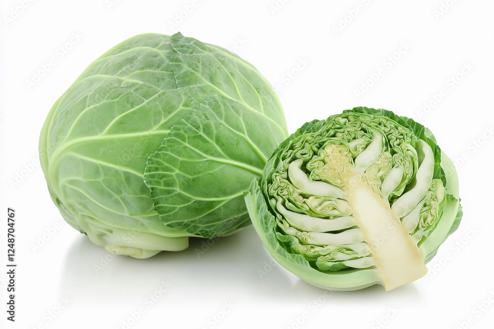 Fototapeta premium Fresh cabbage whole and cut showing its texture