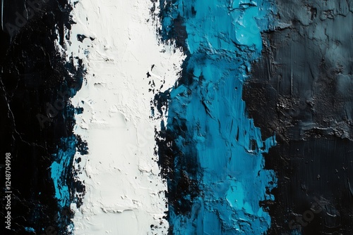 Bold black, white, and blue abstract painting with striking contrast in a mod...