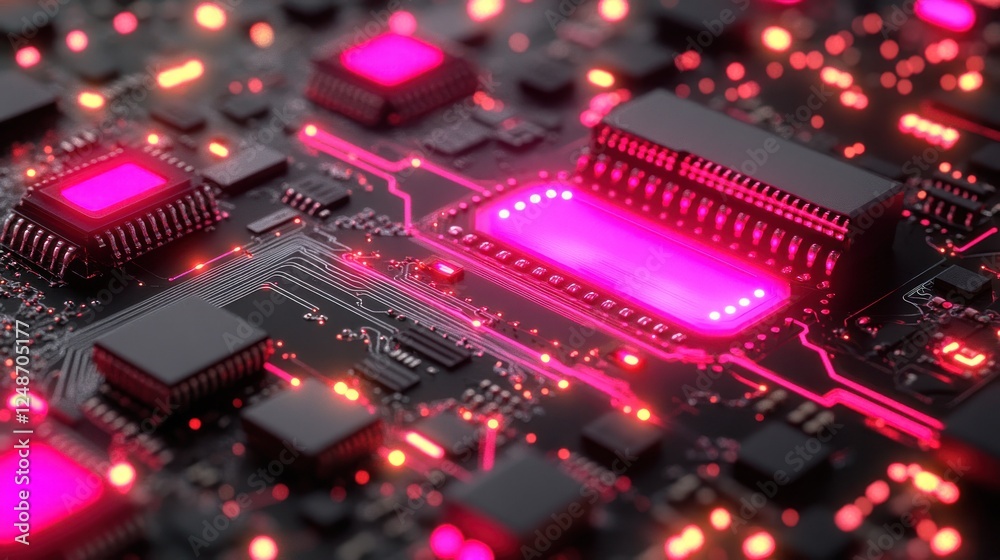 Obraz premium Close-up of illuminated circuit board with pink glowing components.