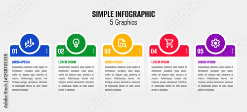 Simple 5 color infographic. Info graphic with 5 color circles and items. Five steps infographic. Five data infographic
