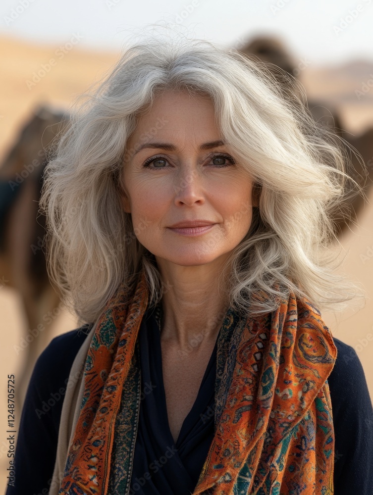 Fototapeta premium Señora turista, rubia y bella de excursión por el desierto, con camellos o dromedarios al fondo.