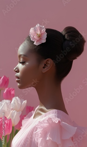 Woman with flower hair accessory poses elegantly against pink background with...