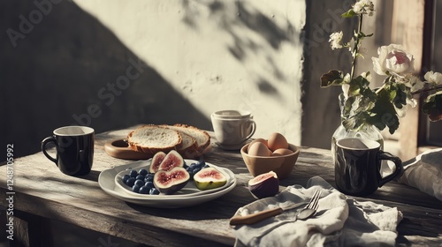 Breakfast table with fresh fruit, coffee, and bread on a sunny morning in a c...
