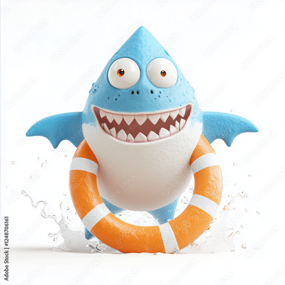 Fototapeta premium funny shark heroically holding a lifebuoy on the beach, surrounded by splashing water drops. A playful and whimsical scene perfect for summer, cartoons, web design kids cards