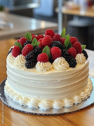 Beautifully decorated cake topped with fresh berries and mint leaves in a bri...