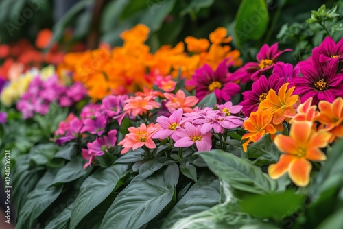 Colorful display of blooming flowers in a vibrant greenhouse during spring se...