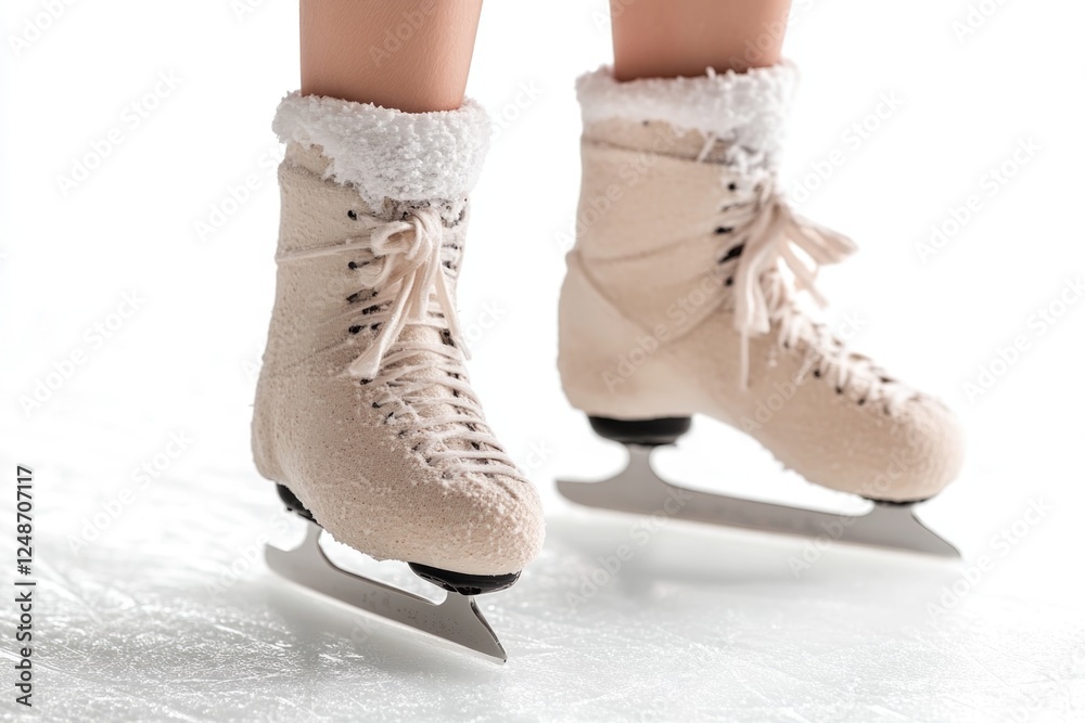 A detailed view of two ice skates lying on the ground, likely abandoned or stored away