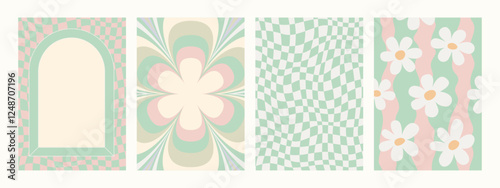 Retro pattern set. Abstract psychedelic Groovy backgrounds in retro colors. Trendy twisted funky vector texture in abstract y2k style. Vector graphic for posters and art prints.