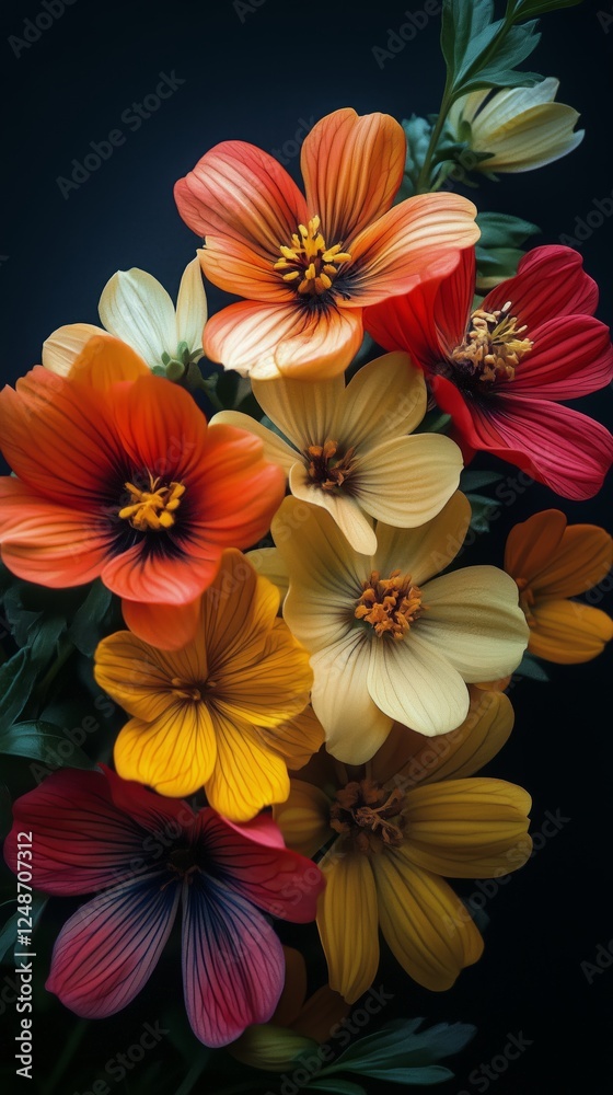 Fototapeta premium Colorful bouquet of vibrant flowers in a dark setting showcasing rich textures and details
