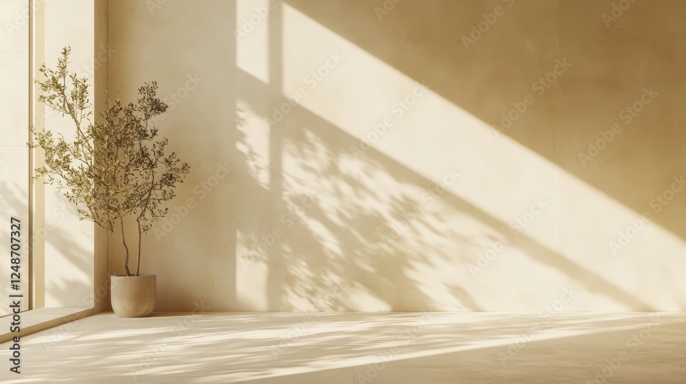 Serene Interior with Light Beige Wall and Window on Left Side Enhancing Natural Light and Shadow Play in Modern Minimalist Space Serene Interior with Light Beige Wall and Window on Left Side Enhancing Natural Light and Shadow Play in Modern Minimalist Space
