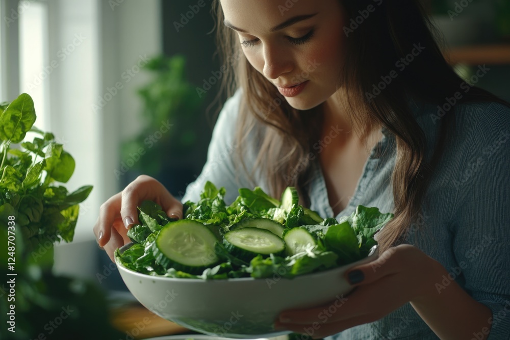 A woman holds a bowl of fresh vegetables, possibly for cooking or meal prep A woman holds a bowl of fresh vegetables, possibly for cooking or meal prep