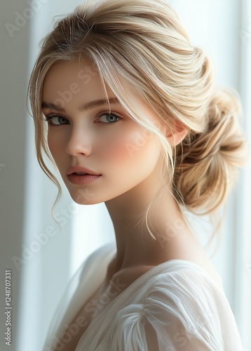 Young woman with elegant hairstyle poses near bright window in soft natural l...