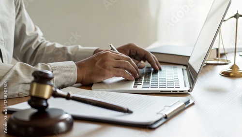 Hands Typing On Laptop With Legal Documents Gavel And Scales