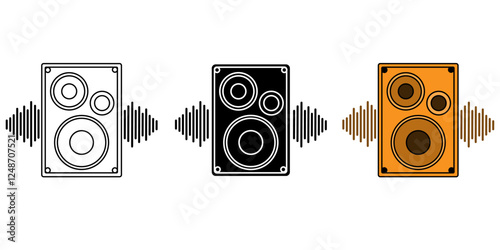 Speaker Icon. Loud music home system symbol. Vector set of audio bass with Bluetooth technology. Flat outline,line and gylph